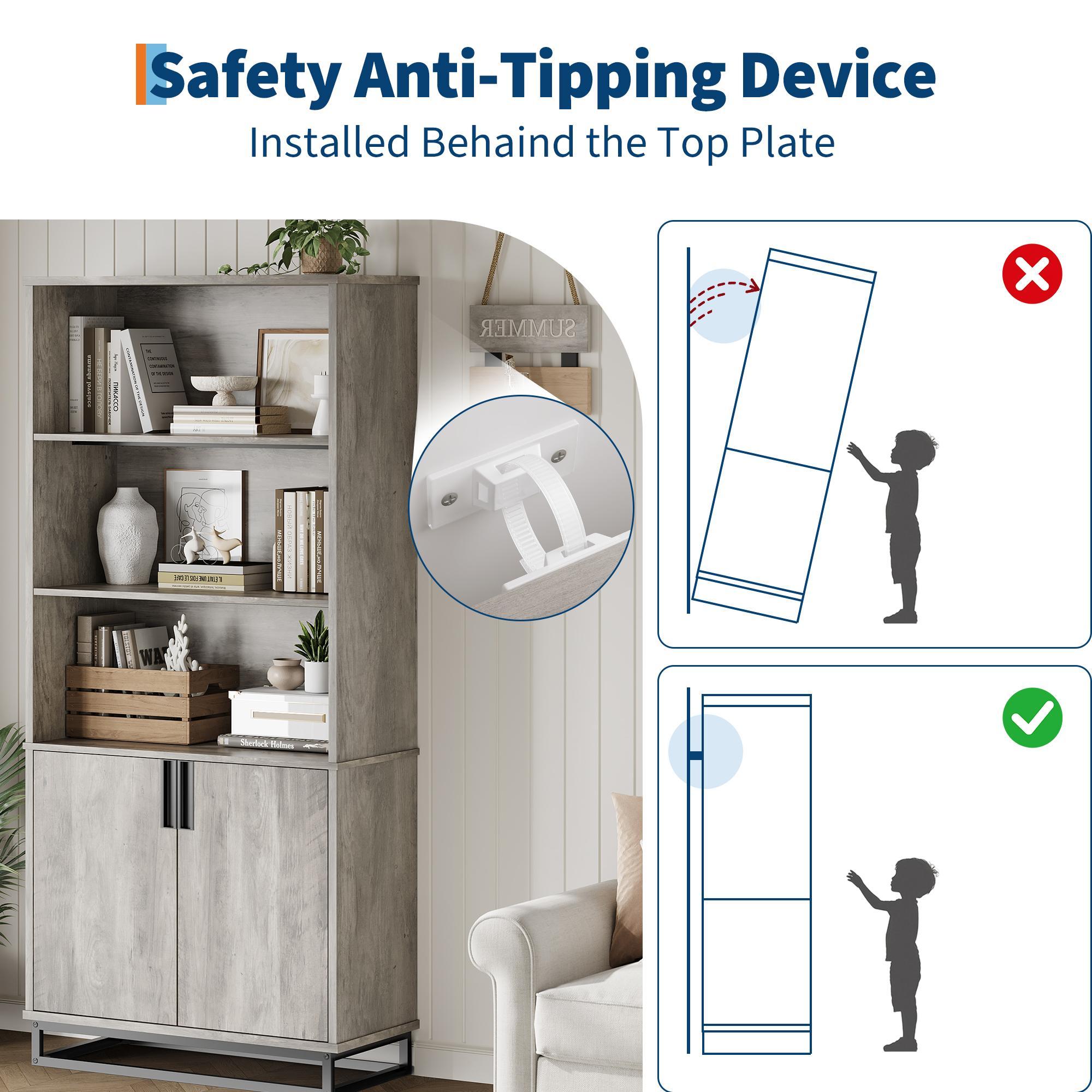 71" Tall Farmhouse Industrial Bookshelf with Doors, 5-Tier Wooden Bookcase with Adjustable Shelves & Grey Metal Base, Storage Cabinet Bookshelf for Living Room, Bedroom & Home Library