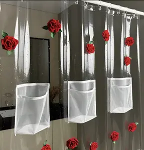 Clear Shower Curtain with Mesh Pocket & Faux Red Roses - Romantic Soft faux Flowers , Waterproof, Unique Gift Organizer for Toiletries and Accessories