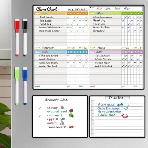 Chore Chart & 2 Counts Dry Erase Board, 1 Set Magnetic Chore List Board, Shopping List Board, Wall Planner, Visual Schedule Board, Home & Office Presentation Supplies, Monthly Planner Magnet, Dry Erase Calendar For Wall