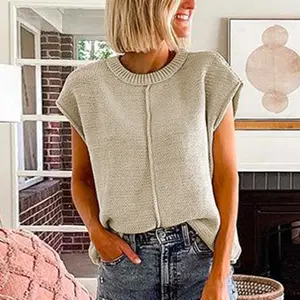 Oatmeal Solid Color Cap Sleeve Knitted Sweater