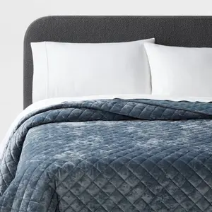 King Luxe Diamond Stitch Velvet Quilt Slate Blue - Threshold