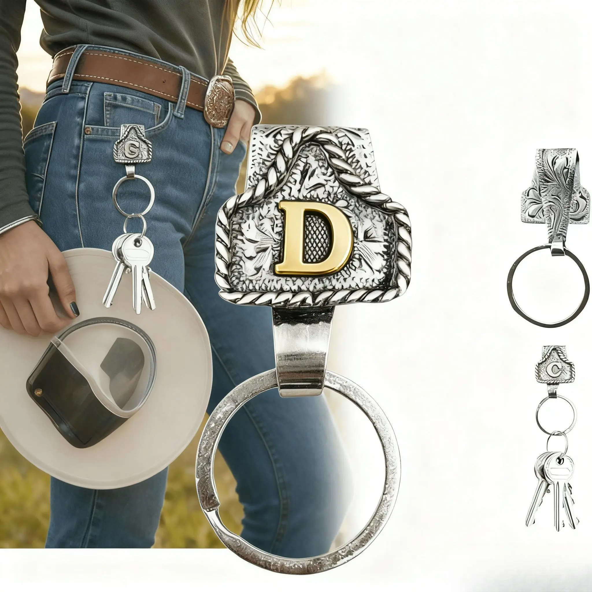 Western Cowboy Keychain Clip - Vintage Rodeo Style Heavy-Duty Metal Belt Loop Key Holder for Men, 26 Letter Options Alphabet Letters Design, Father’s Day Gift for Ranchers & Truck Drivers, Gifts For Him, Keychain For Car Keys