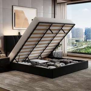 Avenco Upholstered Bed Frame with Storage - Full/Queen/King Size Platform Storage Bedframe, Adjustable Headboard, Charging Station & LED Lights, No Box Spring Needed