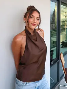Women's Satin Tank Halter Top Backless Crop Top Tanks & Camis Casual Fitted Sleeveless Streetwear Sexy Women Brown Black Pink White Blue Orange Yellow Elegant Sexy Aesthetic Resorts Look Tops