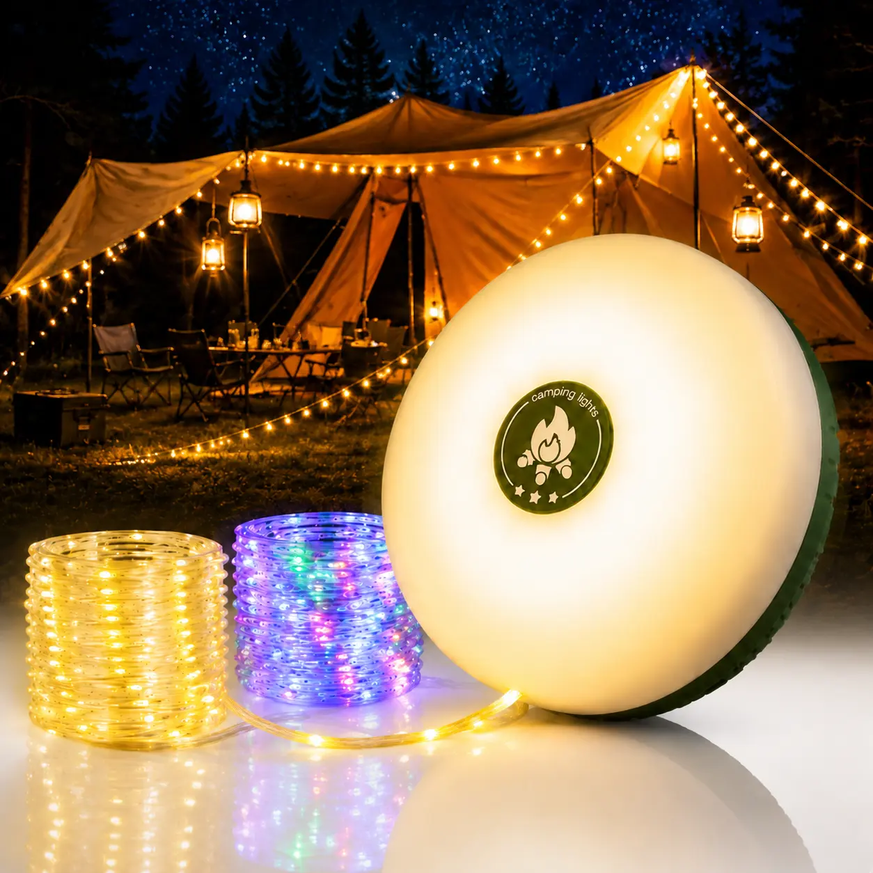 32.8FT Rechargeable Retractable Camping String Lights, 8 Modes Waterproof LED Outdoor Lights, Portable Emergency Lamp for Tent, Hiking & Travel