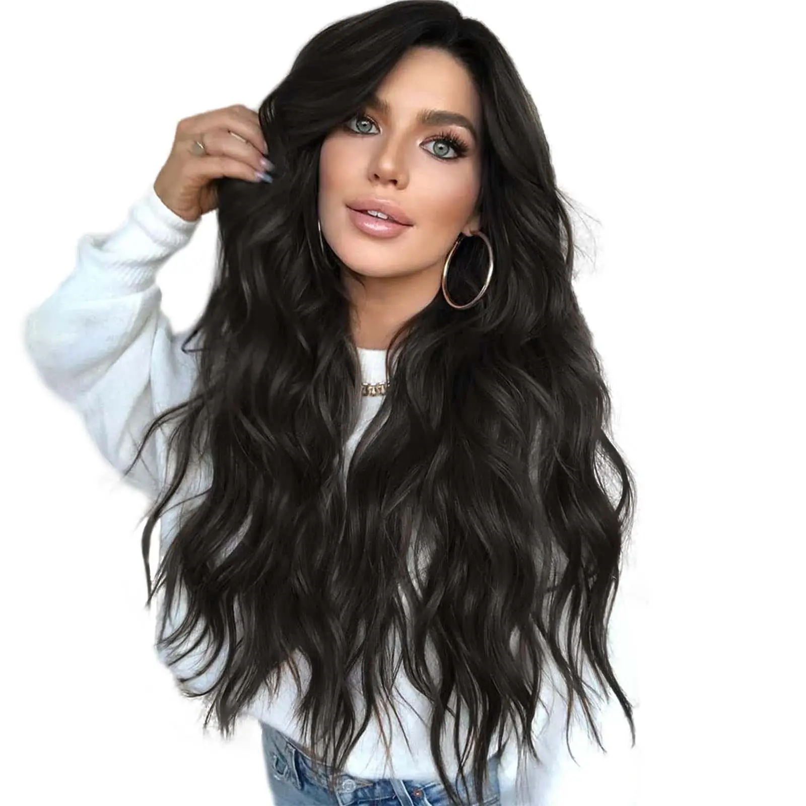 AISI HAIR 26inch Long Black Wavy Wigs Middle Part Curly Synthetic Heat Resistant Fiber Wigs for Daily Party Use Natural Looking Wig Bodywave Wig