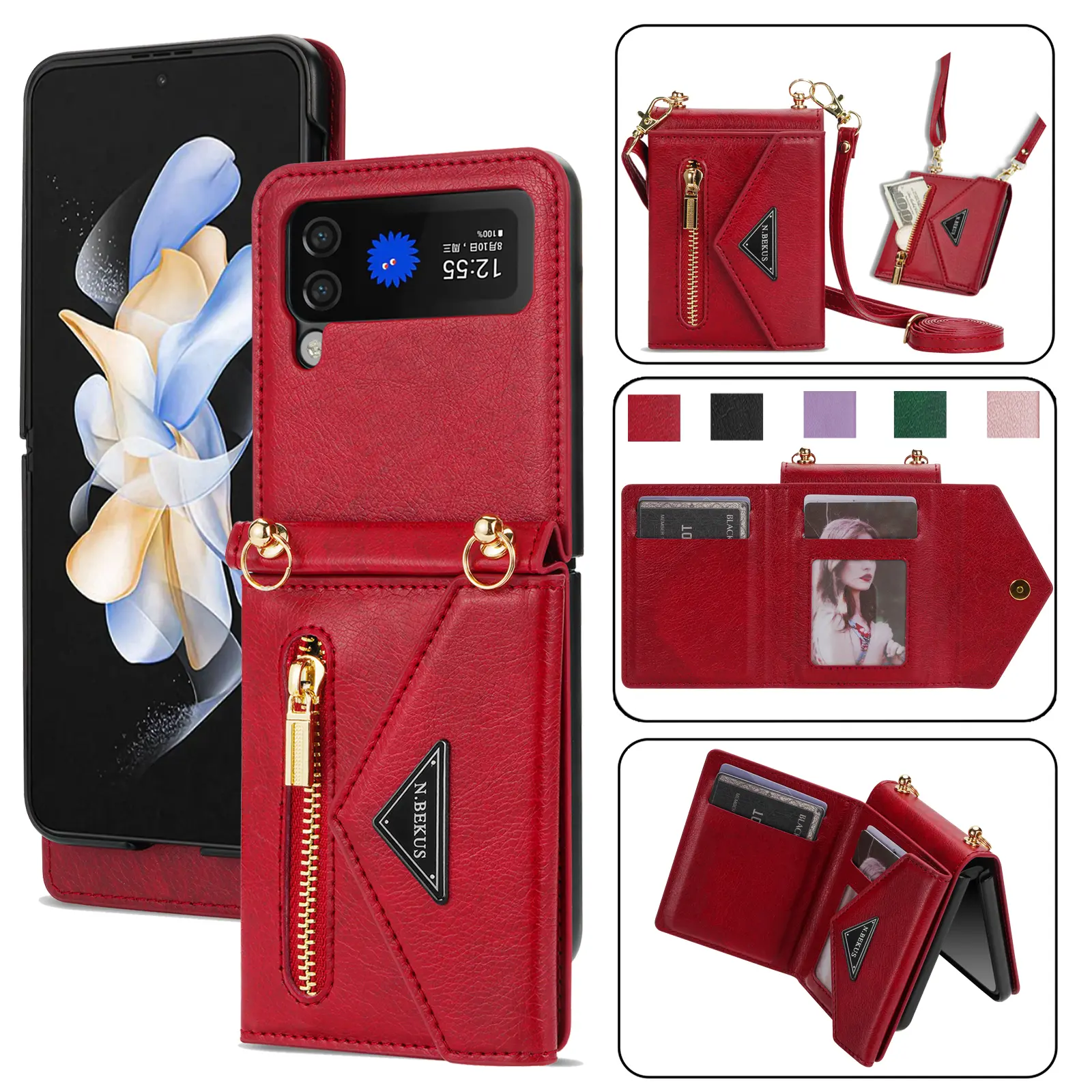 Fin Crossbody Leather Wallet Phone Case for Samsung Galaxy Z Flip 7 6 5 4 3 5G Flip7 Flip6 Purse Cards Holder Lanyard Strap Cover