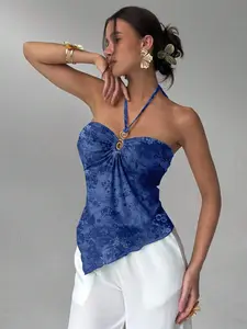 Sable x Women's Summer Fashion Solid Color Asymmetric Hem Backless Halter Top, For Women Holiday