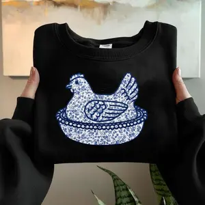 Hen on Nest Appliqué Embroidery Sweatshirt, Vintage Glass Bowl Style, Farmhouse Chicken Machine Embroidery