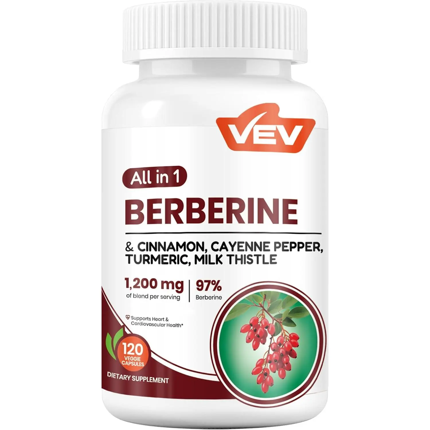VEV Berberine Supplement, 120 Capsules with Ceylon Cinnamon, Cayenne Pepper, Turmeric, Milk Thistle, Vegan & Non-GMO