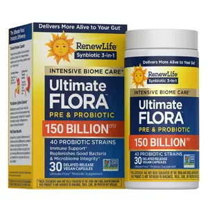 RenewLife Ultimate Flora Adult Ultimate Care Probiotic 150 Billion CFU 30 Capsules for Digestive & Immune Health Gluten-Free Vegetarian Capsules Supplement Healthcare Dietary Fitness Edible Natural