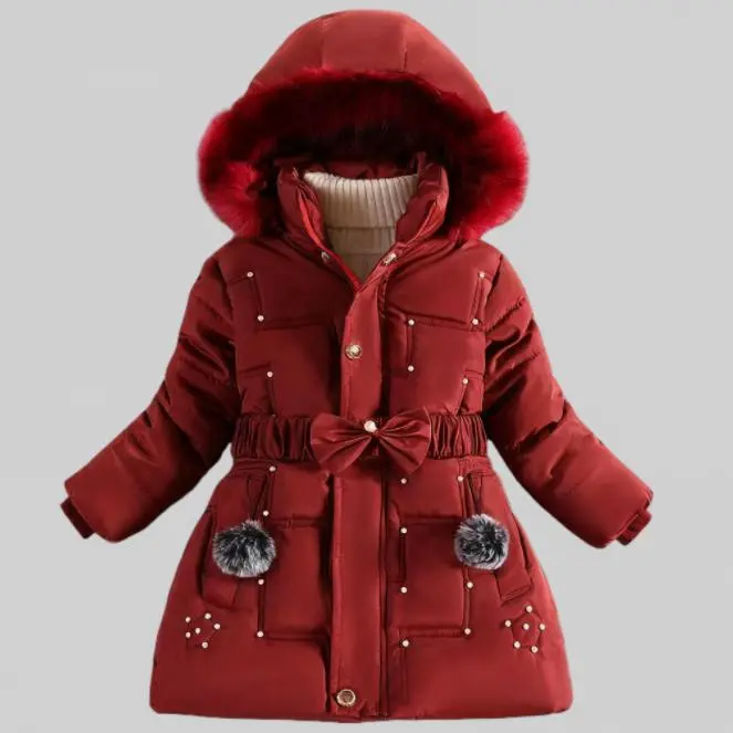 Girls' Belted Winter Puffer Coat with Plush Fur Hood, Skinny Fit Style Geometric Pattern 100% Polyester Cold Weather Casual Jackets
