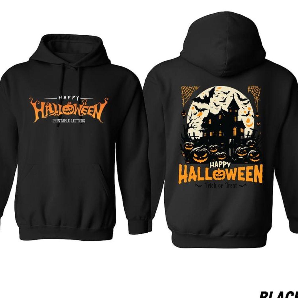 Happy Halloween Hoodie, Haunted Mansion & Pumpkin Graphic Hoodie, Trendy Halloween Graphic Hoodie, Casual Outfit, Comfortable Menswear & Womenswear Top, Gifts For Halloween, Sep23