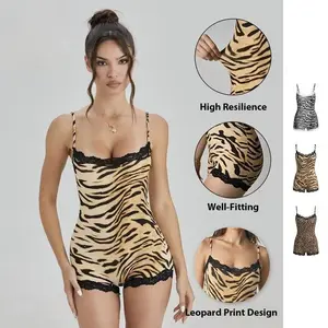 Women’s soft bodysuit with an abstract tiger stripe pattern, thin shoulder straps, and a lace edge; simple elastic sleeveless shapewear; suitable for sports and outdoor activities