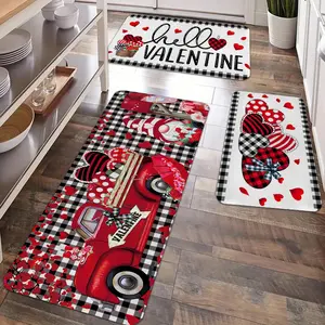 2/3pcs Valentine's Day decoration kitchen runner print rug, black and white checkered with retro truck pattern, non slip floor mat, flannel soft and comfortable easy to clean, suitable for bedroom, living room, dining room, kitchen, bathroom door mat