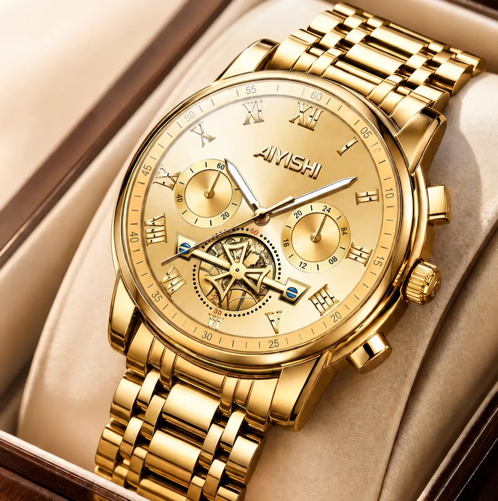 Men’s Luxury Golden Analog Wristwatch, Stainless Steel Link Band, 30 Meter Waterproof Chronograph Quartz Watch, Ideal Present for Holiday, Birthday, Valentine’s Day & Special Events - 2316