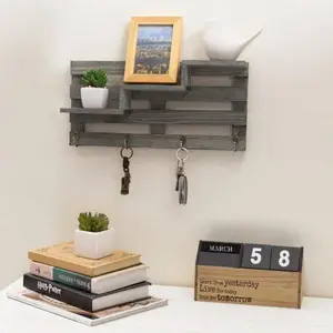 Vintage Gray Wood Wall-Mounted Stair Display Shelf with Key Hooks