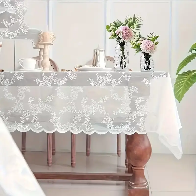Elegant French Floral Lace Tablecloth, Rectangular Washable Polyester, Hollow Design, Dining Room and Living Room Decor