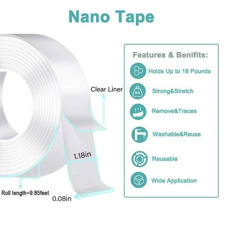 Double Sided Tape Heavy Duty(9.85FT), Nano Double Sided Adhesive Tape, Hanging Adhesive Strips Clear Mounting Tape Picture ,High-strength adhesive tape suitable for daily use in offices, home kitchens, and dormitories.