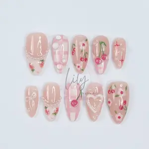 Cute Pink Floral Strawberry Cherry Press On Nails, Medium Almond Handmade Nail Art with Sweet Fruit Design, Soft Girly Aesthetic Nails for Daily Wear, Spring Summer Nails, Perfect Gift for Girlfriend, Birthday, Valentine, Holiday Gift for Her