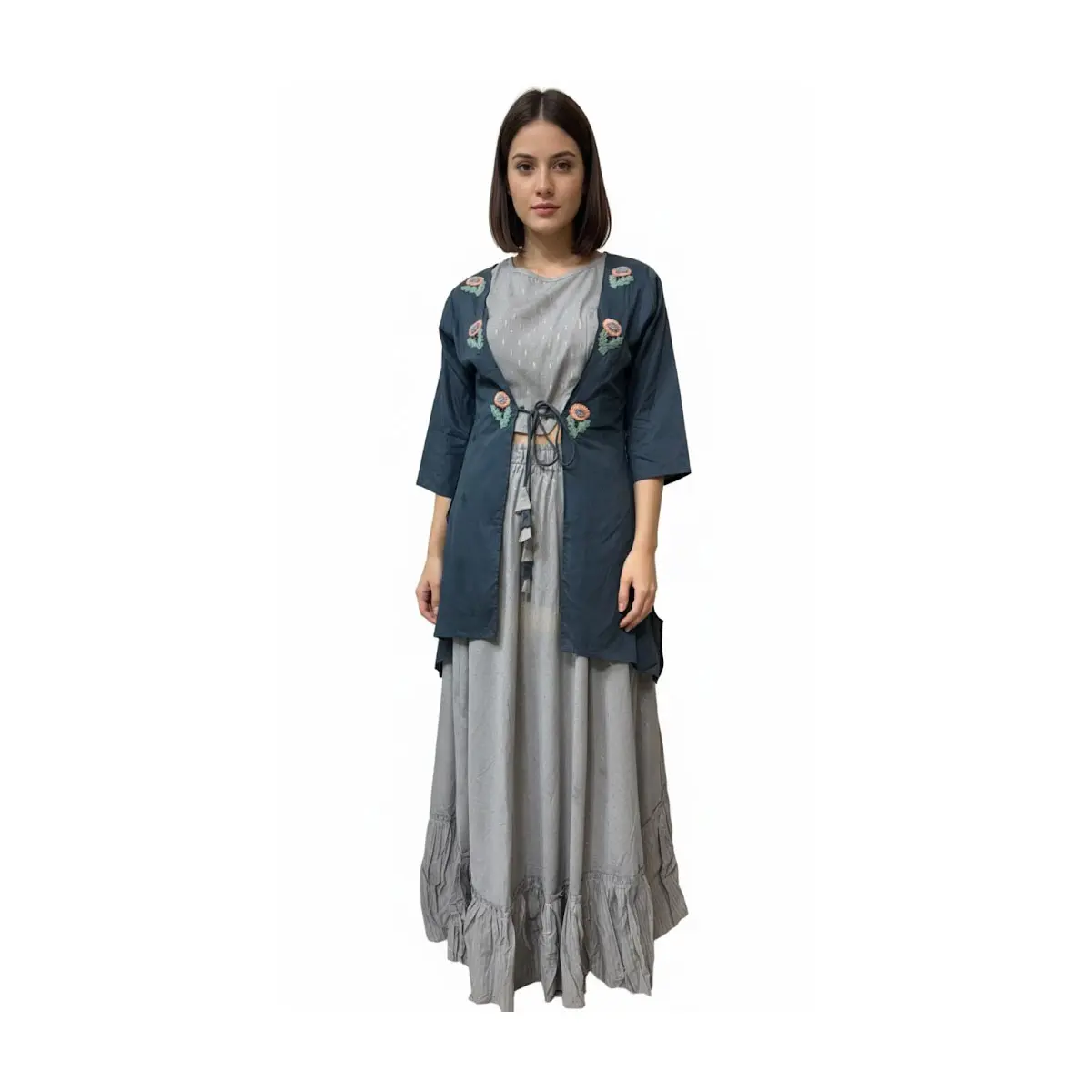 #3PS-6 Elegant Grey Anarkali  Lightweight cotton/rayon blend Set with Embroidered Jacket