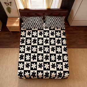 3Pcs Floral Checkerboard Print Fitted Bed Sheet Set (Pillow Core Not Included), Single-Sided Print Soft Cozy Deep Pocket Bed Linen, Ideal for Bedroom Dorm Guest Room, Perfect Gift for Floral Lovers