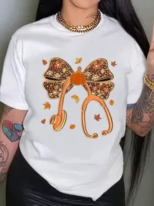 Women's Pumpkin Bow Graphic Tee, Casual Fitted Short Sleeve Top, Comfortable Cotton Material, Fall Season Essential, Trendy Home Wear
