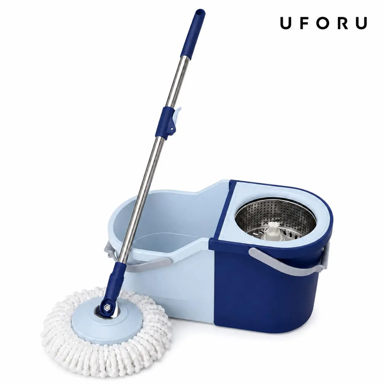UFORU 2-in-1 Spin Mop Set, Separation Bucket with Stainless Steel Wringer Basket, Hands-Free Design, 180° Rotating Ultra-Fine Microfiber Mop Head, for Home Tiles & Solid Wood Floors