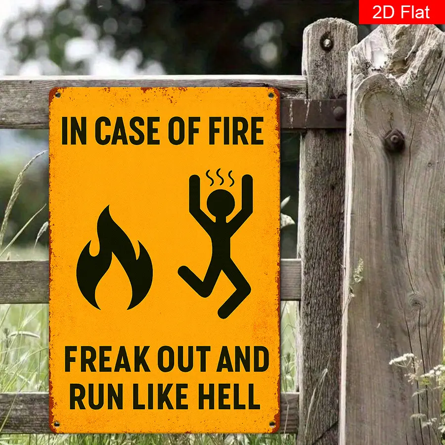 Vintage "Crazy Escape and Run To Hell" 2D Flat Aluminum Tin Sign, 1pc 8x12in Yellow-Black Text & Flame Design, Durable Adult Bros Home Decor Plaque, Anniversary Gift for Study Daily Use, Wardrobe-Balcony Wall Art Supplies, Set, Casual