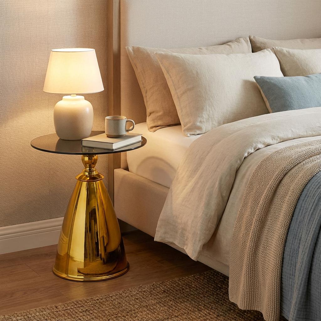 Round Side Table With Glass Top,Modern Gold End Table with Carbon Steel Base,17''Glass Table for Living Room,Small Table for Small Place,Golden Balcony Table for Tea,Circle Sofa Table Glass,for Bedroom/Couch,Living Room Table Office Apartment Home