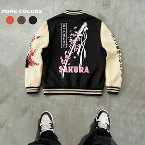 Men's Baseball Jacket Polyester Soft Fabric Multi-Color Black Orange Coffee Snowy Plum Blossom, Swords & Cherry Blossoms Graphic Print Varsity Coat Vintage Retro Classic Old School Casual Sports SWAG Streetwear Lined Winter Jacket Trendy Gift Menswear