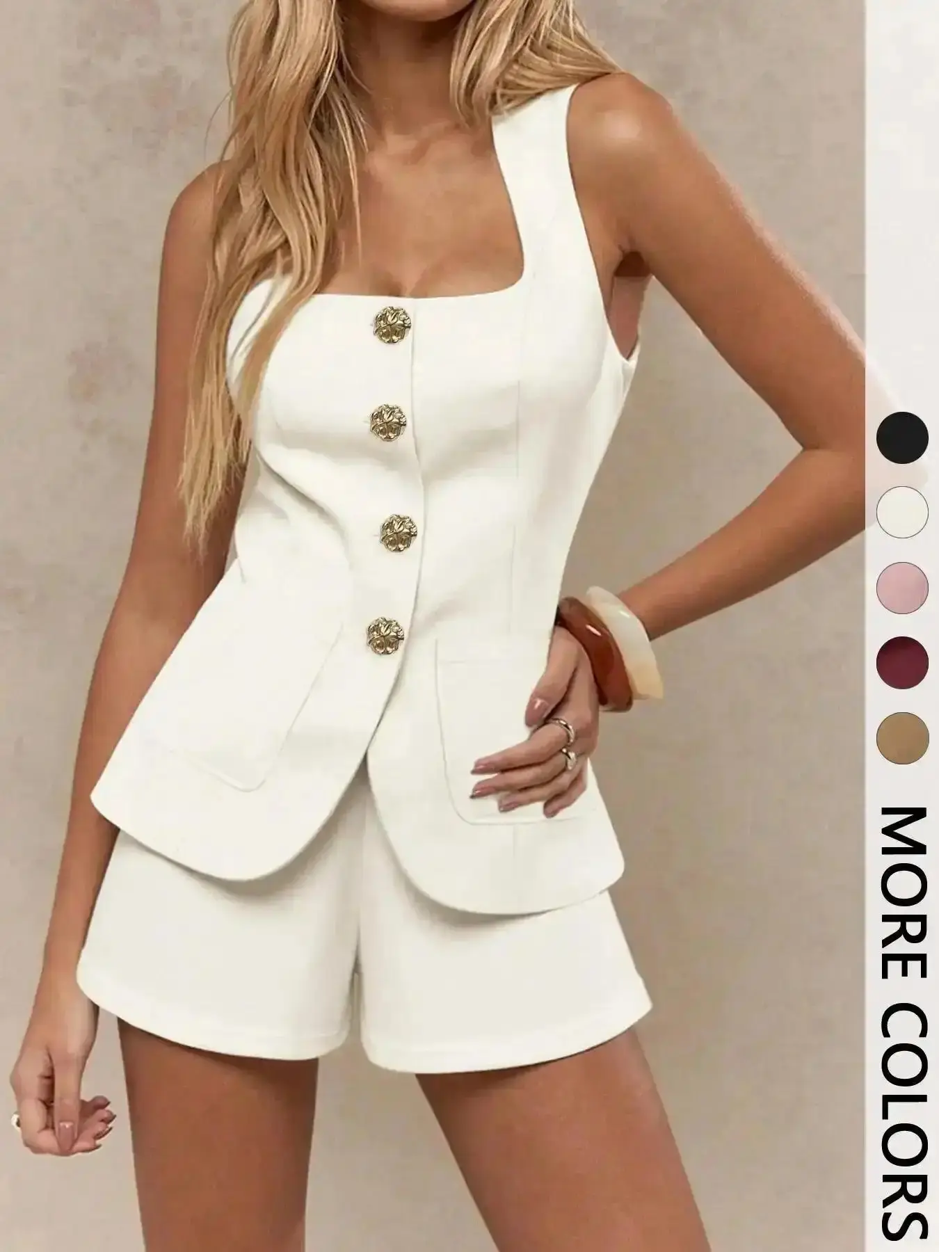 2Pcs Women Summer Elegant Two-Piece Outfit, Square Neck Sleeveless Gold Button Tailored Vest & High Waist Shorts, Casual Commuter Office Co-Ord Set for Work Vacation, Moisture chic style modern design