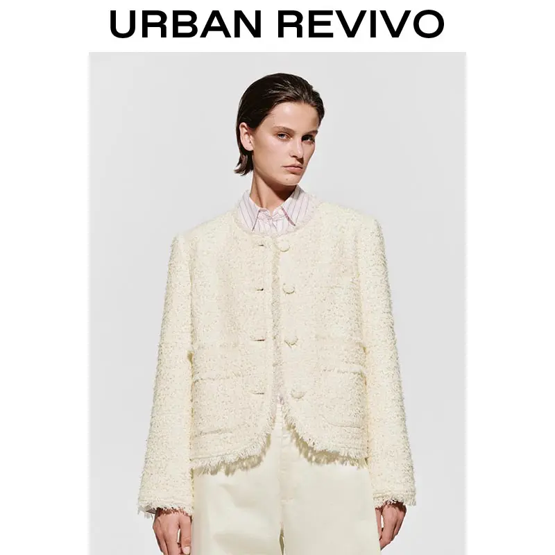URBAN REVIVO Women's Tailored Tweed Jacket with Raw Hem, Chic Long Sleeve Layering Top for Casual & Semi-Formal Wear, Tops