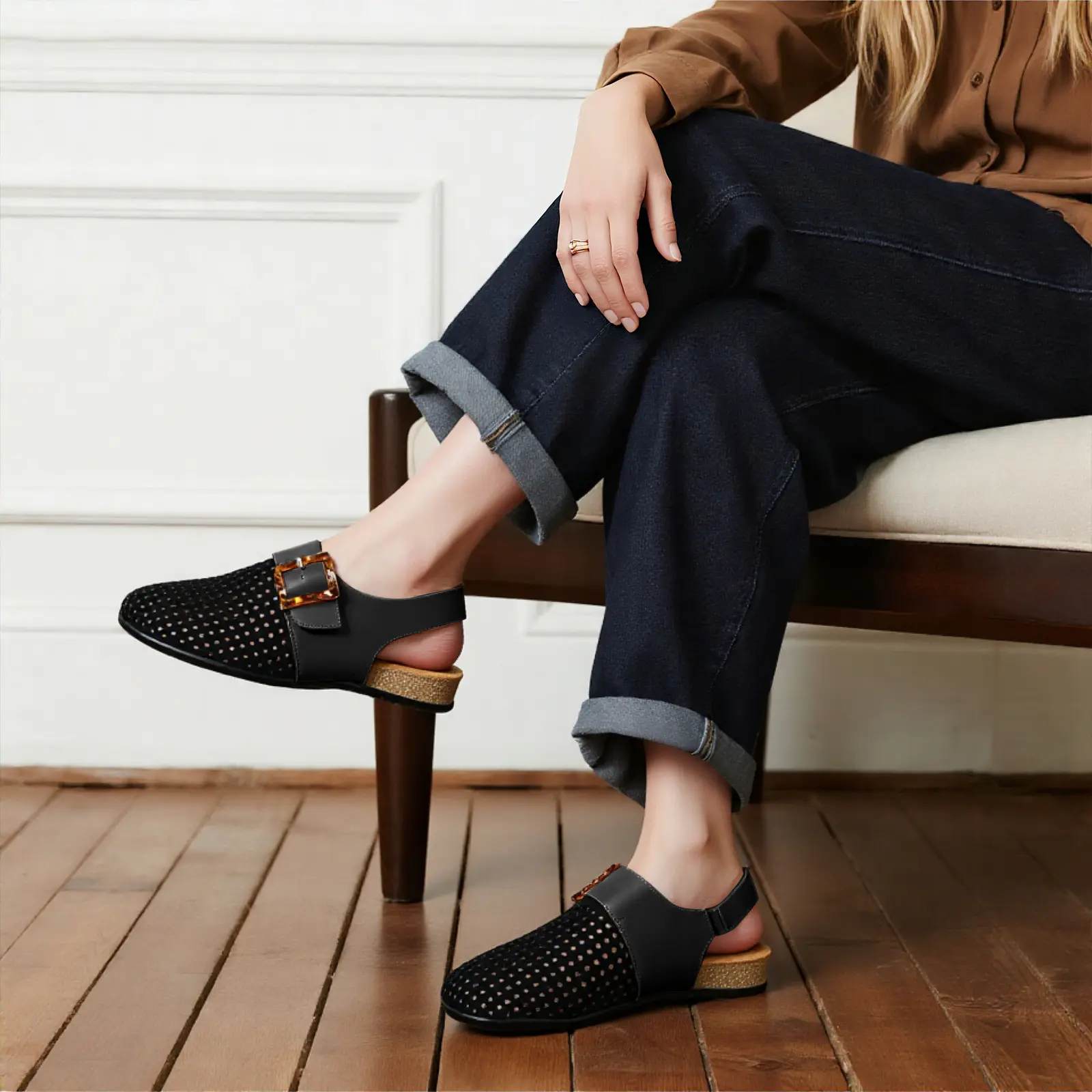 Women’s Perforated Closed Toe Slingback Clogs, Tortoise Buckle Adjustable Strap Mule Sandals, Breathable Hollow Out Cork Wedge Flat Shoes, Casual Daily Walking Footwear For Summer plush wide band cute warm slipper  bottom rivet flip flop anti slip