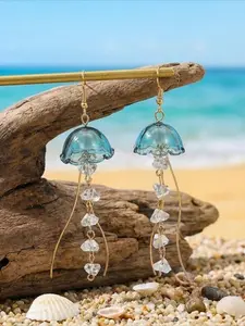 Summer Beach Blue Jellyfish Crystal Tassel Earrings Ocean Vacation Style Drop Earrings for Women Holiday Party Beach Vacation Statement Earrings