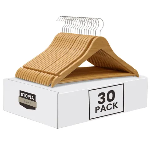 Utopia Home Slim Wooden Closet Hangers (30-Pack) - Space-Saving Organiser with Smooth Ergonomic Shoulder Grooves, Non-Slip Design, 360-Degree Rotating Hooks, Prevents Snags for Suits, Coats, Jeans