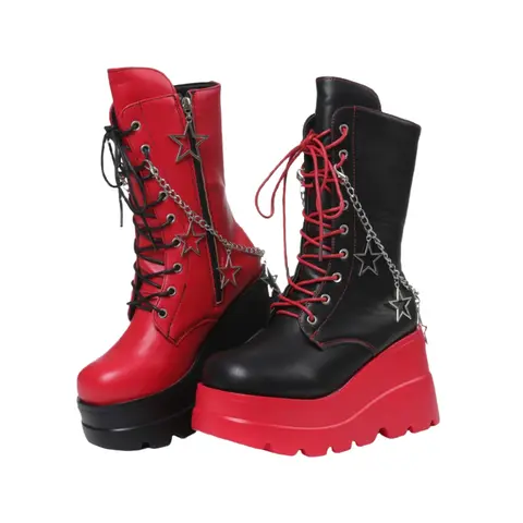 Women's Punk Knee High Boots - Women's Shoes, Bold Round-Toe Fit, Starry Sky Design, Chain-Star Flair, Black-Red, Alternative Baddie Style, Alt Girls Footwear, Grunge Rock Statement Shoes