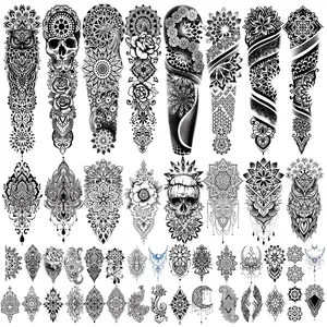 48 Waterproof Temporary Tattoos For Adult, Mandala Vintage Black Lotus Temporary Tattoos for Men Women, Mandala Full Arm Fake Tattoo Bohemia Flower Fake Arm Tattoos for Boys Girls
