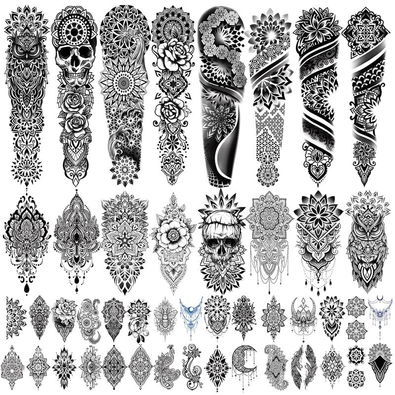 48 Waterproof Temporary Tattoos For Adult, Mandala Vintage Black Lotus Temporary Tattoos for Men Women, Mandala Full Arm Fake Tattoo Bohemia Flower Fake Arm Tattoos for Boys Girls