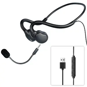 Wired Headset with Mic Open Ear Headphones Air Conduction USB Headset Call Noise Reduction Premium Stereo Sound 0.88Oz Ultra-light Design Perfect for PC Laptop-Black