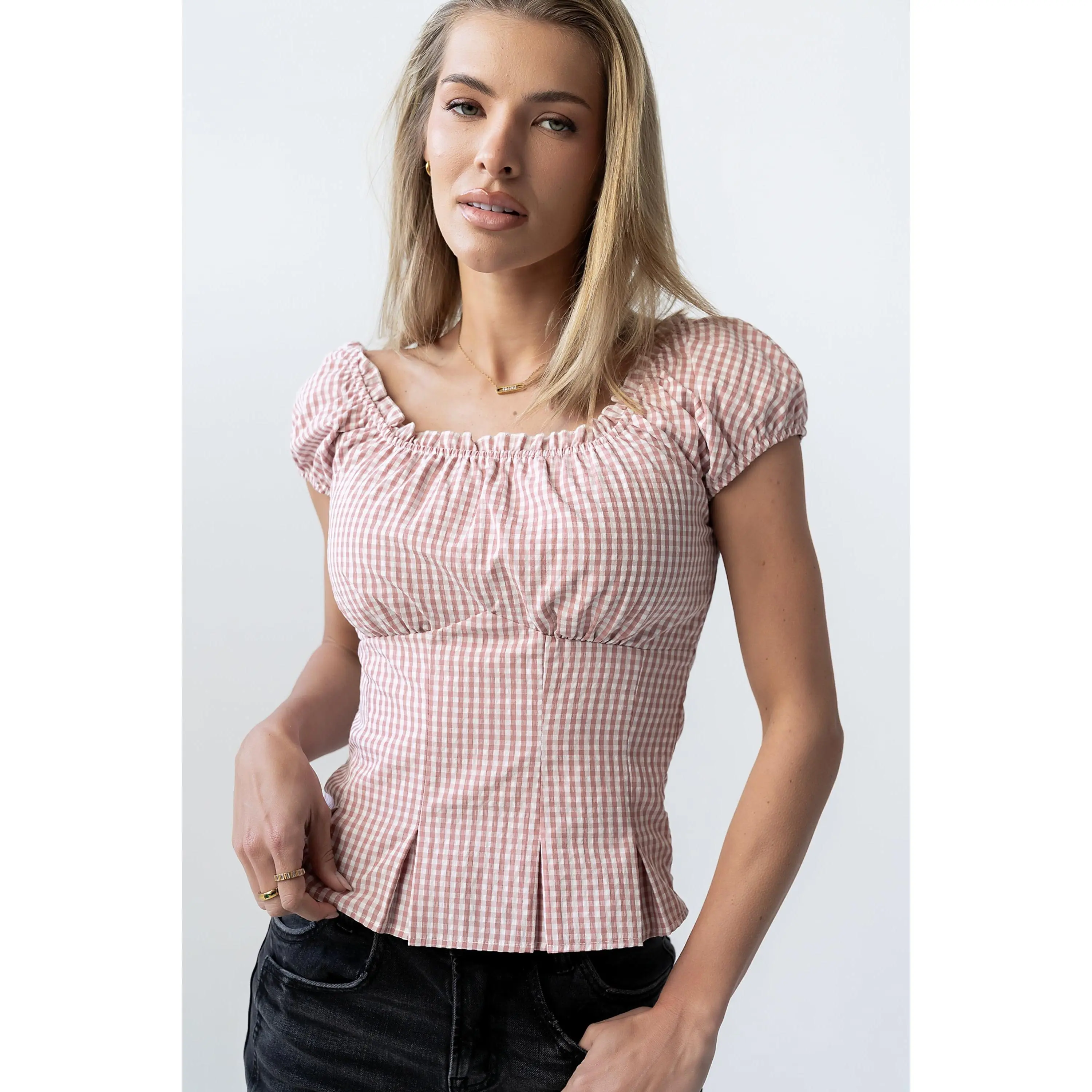 Women's Mallory Pleated Gingham Blouse, Smocked Elastic-Strap Pink Top, Straps, Cotton, Print, Casual, Zipper, Square Neck, Checkered Print, Spandex