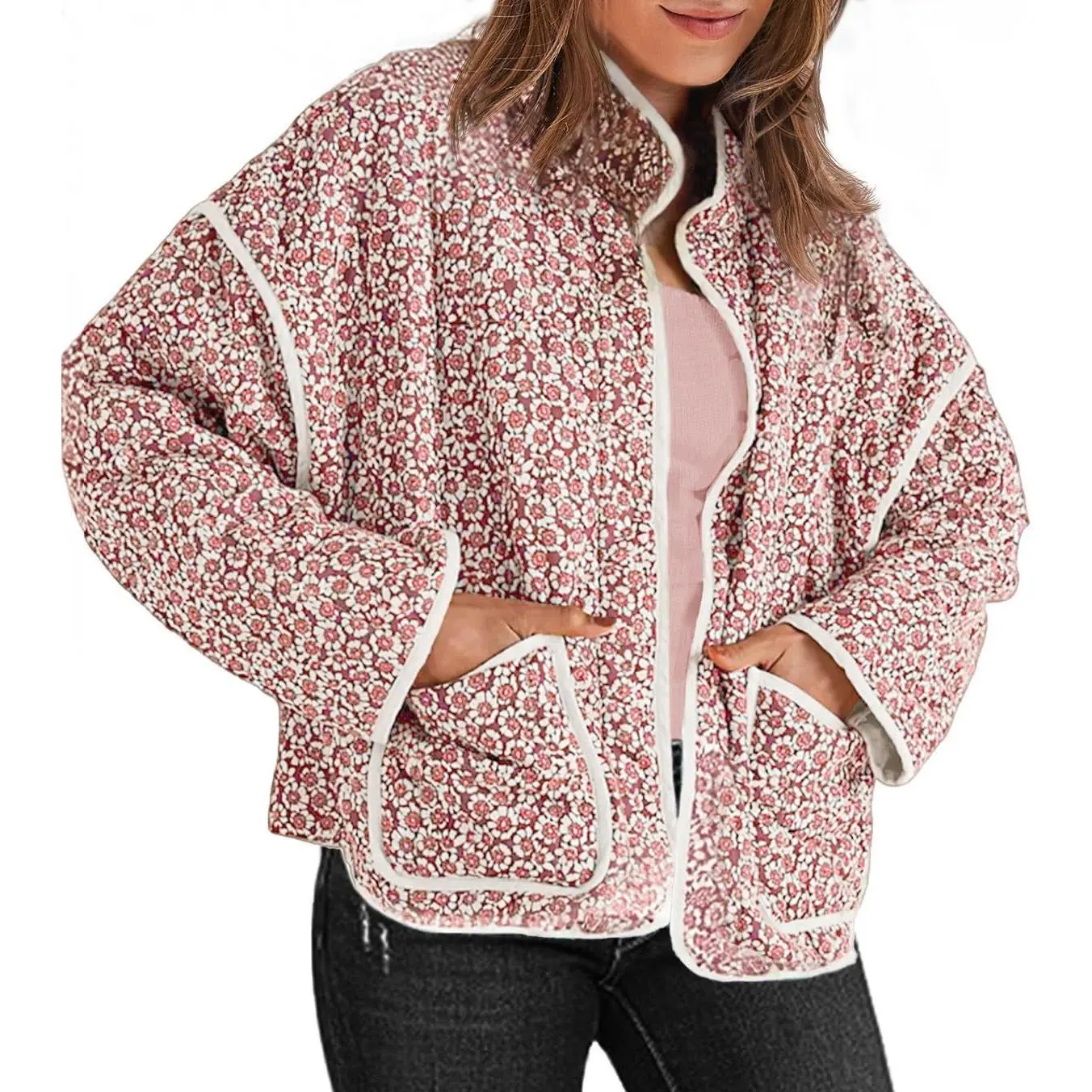 Women's Long Sleeve Floral Print Open-Front Quilted Puffy Outerwear, Padded Soft Comfortable Winter Cardigan Jacket with Pockets for Outdoor Use