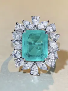 Pure Silver Ring with Emerald Cotton Paraiba Blue, Luxury Full Zirconia, Cross-Border Style, Elegant Jewelry