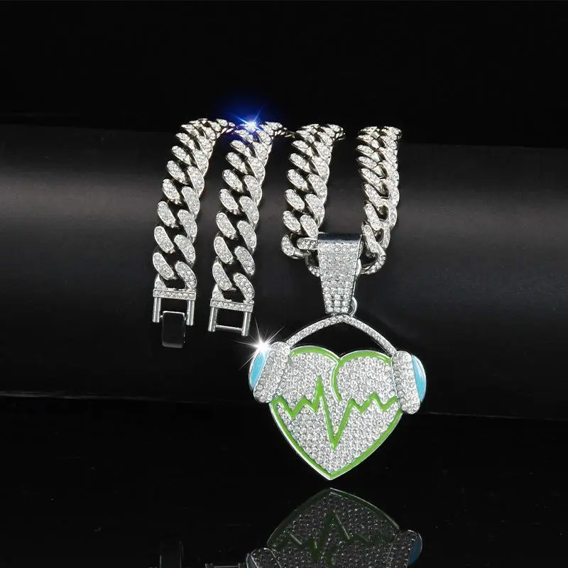 14K Gold Plated with Austrian Rhinestones- Music Heart Design Pendant Miami Cuban Link Chain Italy & Mexico Inspired Necklace for Men&Women Hip Hop Gift
