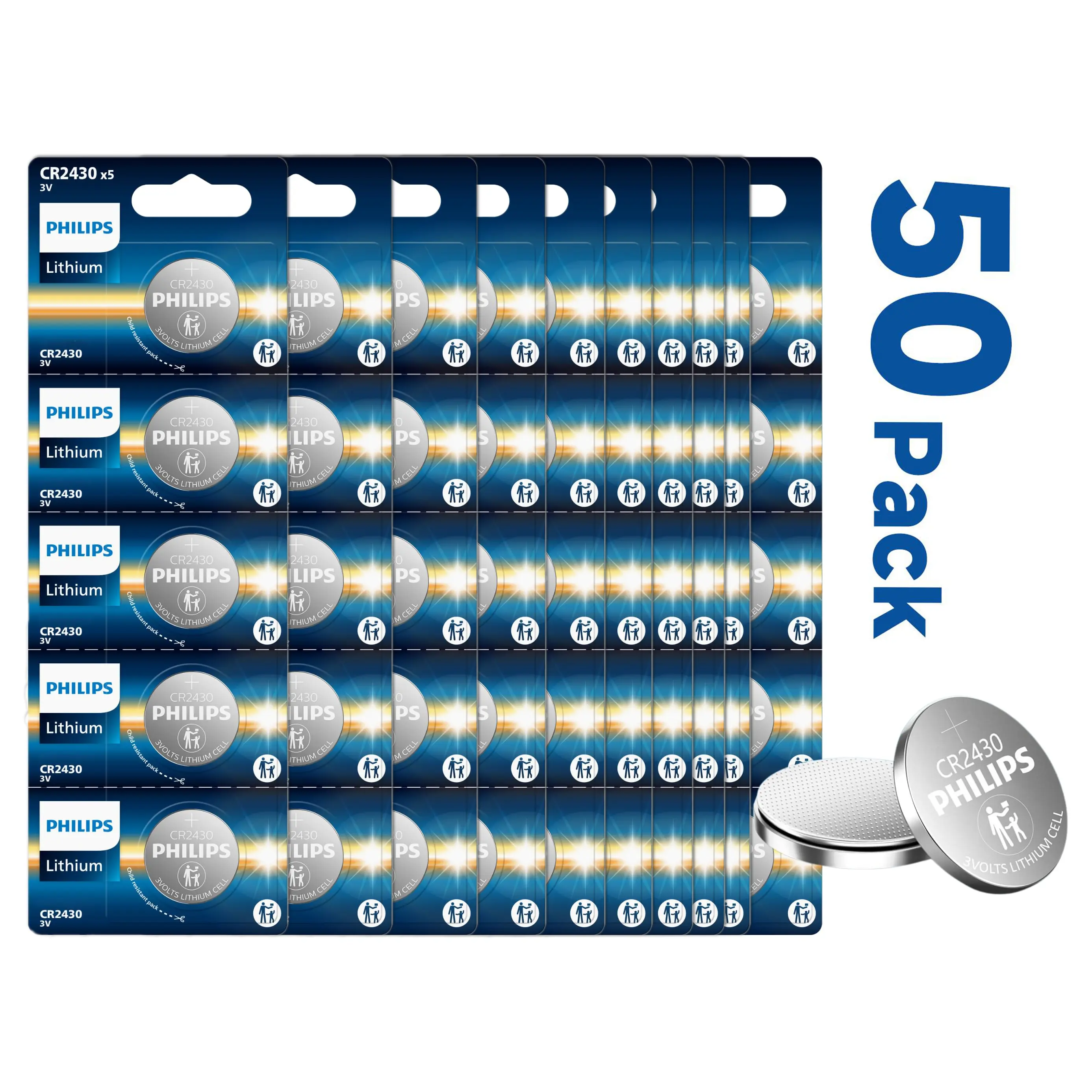 Philips CR2430 3V Lithium Coin Cell Batteries (50-Pack, 280mAh) - Long-Lasting Digital Power for Key Fobs, Car Remotes, Garage Openers
