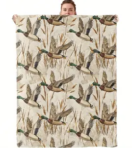 Mallard Duck Flannel Throw Blanket, Vintage Flying Ducks & Reeds Wildlife Print, Cozy Soft Lightweight Breathable Warm, All‑Season Machine Washable. For Daily Use, Napping, Camping, Travel, Sofa, Bed, Car, Indoor & Outdoor. Ideal Gifts for All Holidays