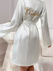 White Satin Bride Robe with Gold Embroidery Elegant Wedding Day Kimono Silky Bridal Shower Gift for Special Occasions