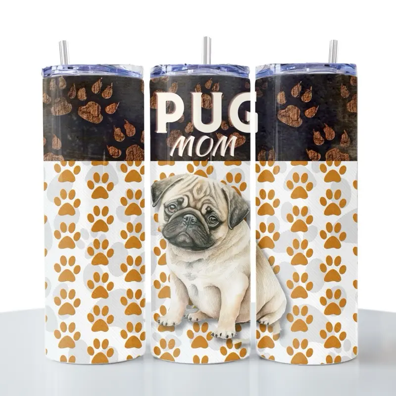 Pug Mom 20oz Insulated Stainless Steel Thermal Flask Water Bottle - Smooth, Lead-Free, Hand Washable, Pug & Paw Print Design Portable Drinkware for Gym Use