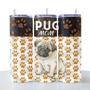 Pug Mom 20oz Insulated Stainless Steel Tumbler with Pug Design and Paw Prints Drinkware Flasks
