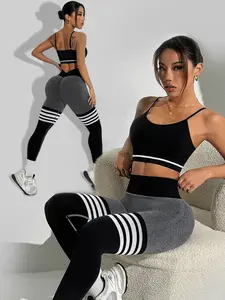 2 Piece Striped V-Back Leggings & Sports Bra Set Yoga Gym Activewear with Adjustable Straps & Removable Padding for Comfort and Support